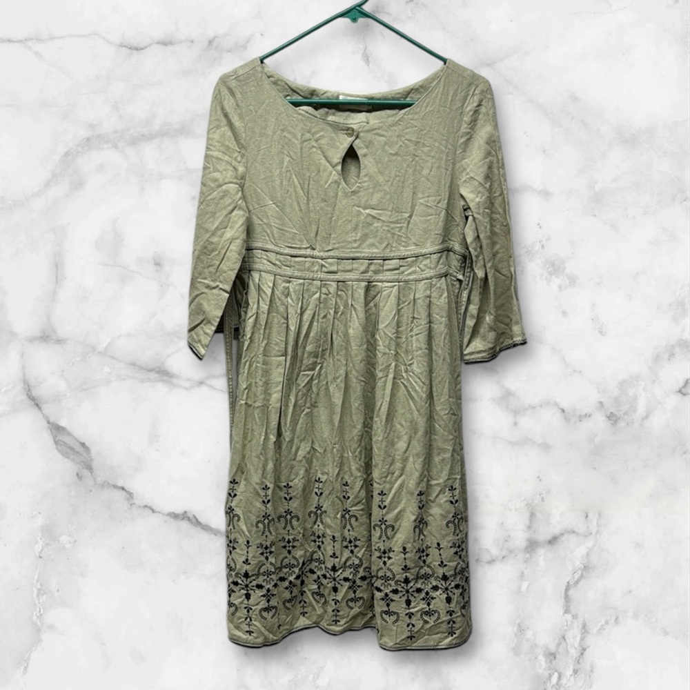 Sage Olive Green floral Embroidered Dress cotton blend midi quarter sleeve small
